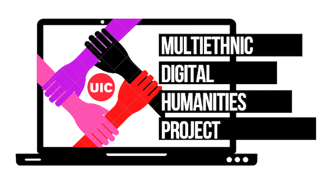 A computer with UIC logo, surrounded by various colored hands holding onto one another