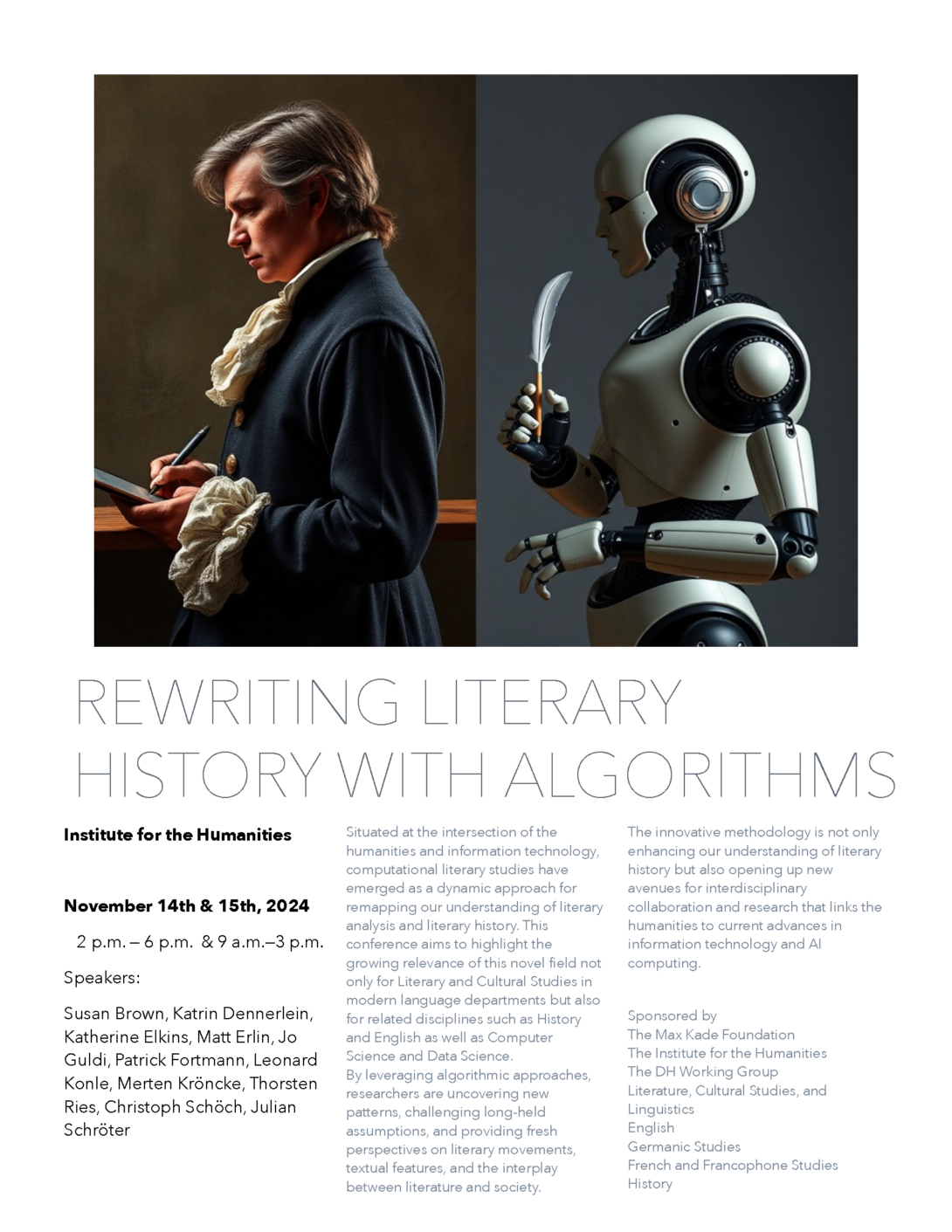 a split screen image: on the left, a man in eighteenth century garments writing on a tablet; on the right a humanoid robot holding a quill.