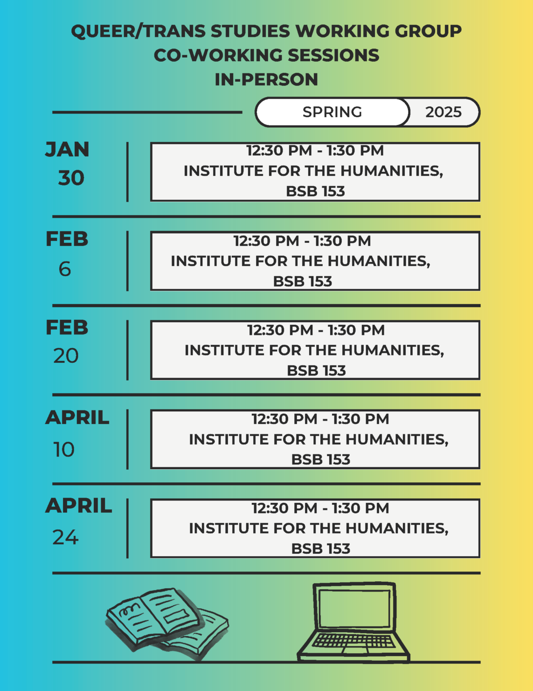 Queer/Trans Studies Working Group Co-Working Sessions In-Person Schedule